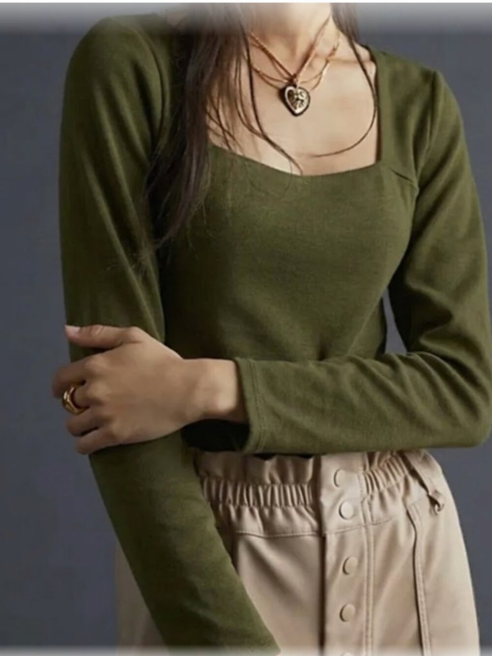 T.la Anthropologie Olive Green Square Neck Ribbed Knit Tee